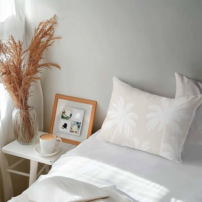 Lumbar Pillow Covers 20x12 Inch Set of 2, Cream Palm Trees Waterproof Outdoor Pillow Covers, Farmhouse Tropical Summer Beach Decorative Cushion Pillowcases for Couch, Sofa, Bed, Garden, Patio