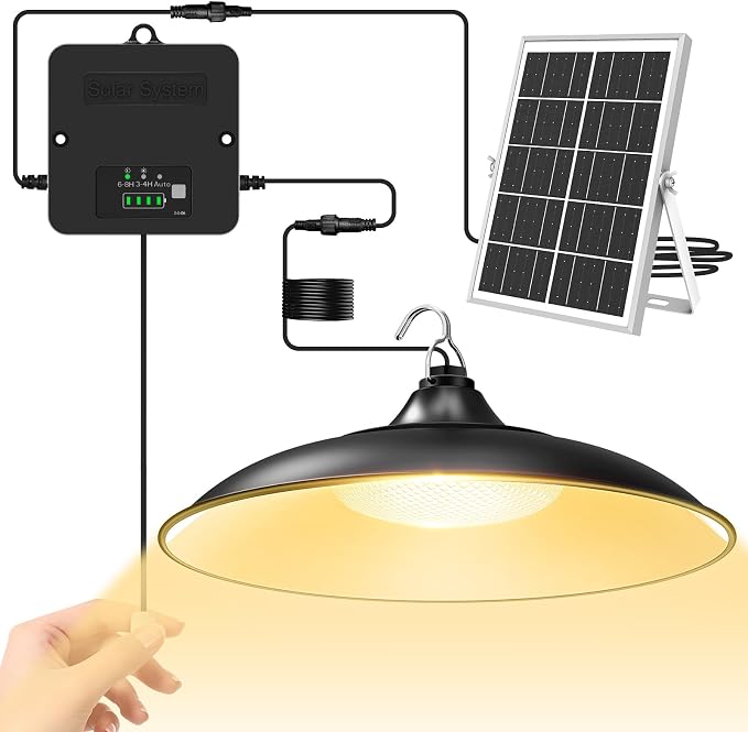 Solar Shed Light Indoor Outdoor with Pull String, 3000K Daytime Available | Warm White, 3 Lighting Modes Pendant Light, Dusk to Dawn, Solar Lights Indoor, IP65 Waterproof for Barn, Gazebo, Shop, Garage
