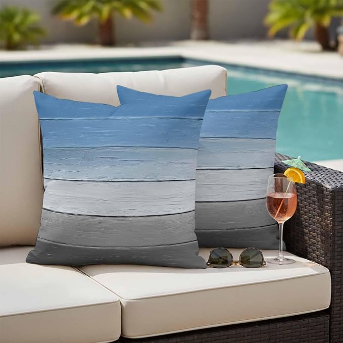 Blue Gray Outdoor Pillow Covers 18x18 Inch Throw Pillow Covers Set of 2 Waterproof Decorative Pillow Cases Vintage Farmhouse Gradient Wooden Grain Art Cushion Covers for Patio Furniture Garden Couch