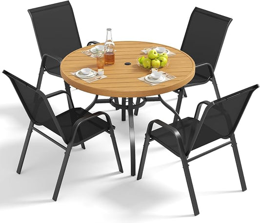 Outdoor Patio Dining Set for 4, 5 Pieces Patio Table and Chairs Set with Umbrella Hole, 41"x 41" Round Metal Wood-Grain Dining Table Set with 4 Stackable Patio Chairs for Deck , Backyard, Porch