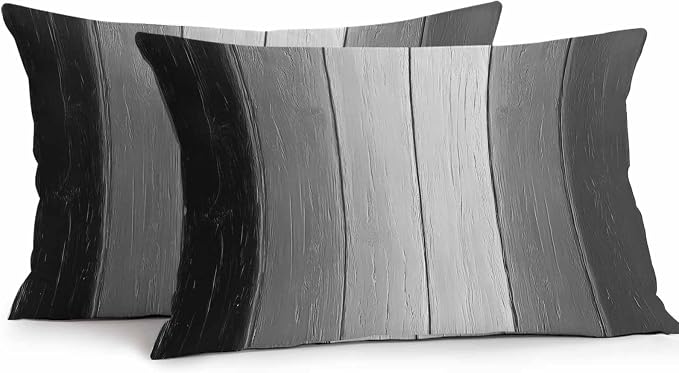 Lumbar Pillow Covers 20x12 Inch Set of 2, Black Gray Ombre Waterproof Outdoor Cushion Covers, Vintage Country Wooden Decorative Pillowcases for Couch, Sofa, Bed, Garden, Patio