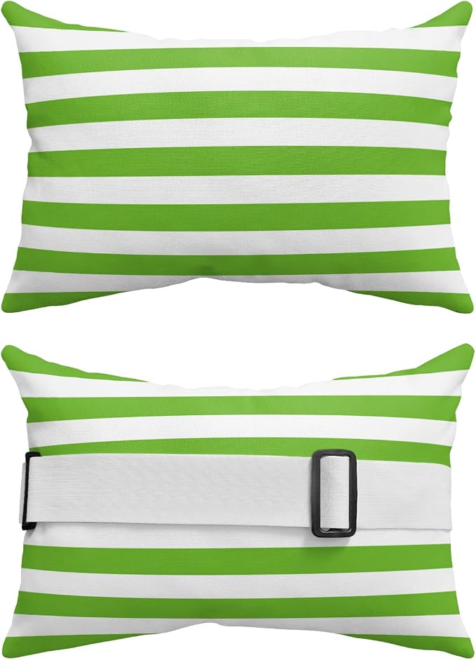 T&H XHome Outdoor Pillow for Chaise Lounge Chair, Green and White Stripes Waterproof Headrest Pillow Lumbar Pillows with Adjustable Elastic Strap for Beach, Poolside, Patio, Office (1 Pack)