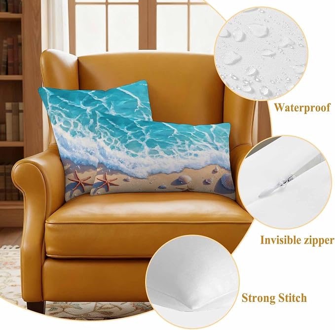 Ocean Beach Waterproof Outdoor Pillow Covers Set of 2 Home Decor, Coastal Nautical Starfish Shells Sea Waves Pillowcase Patio Pillow Covers for Couch Bench Furniture Garden 24x24in