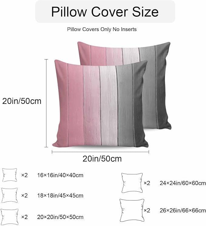 Throw Pillow Covers 26x26 Inch Set of 2, Pink Gray Ombre Waterproof Outdoor Cushion Covers, Vintage Country Wooden Decorative Pillowcases for Couch, Sofa, Bed, Garden, Patio