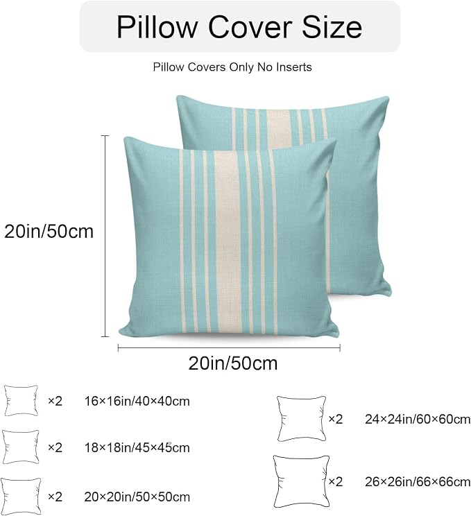 Aqua Beige Striped Outdoor Pillow Covers 26x26 Inch Throw Pillow Covers Set of 2 Waterproof Decorative Pillow Cases Modern Farmhouse Retro Lines Cushion Covers for Patio Furniture Garden Couch Sofa