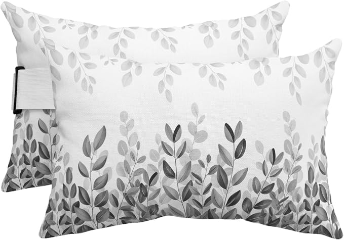 Outdoor Pillows Waterproof Covers Set of 2, Gray Eucalyptus Leaf Adjustable Elastic Chaise Lounge Headrest Pillow Covers, Watercolor Leaves Lumbar Pillow for Pool Beach Patio Furniture 11x16 Inch