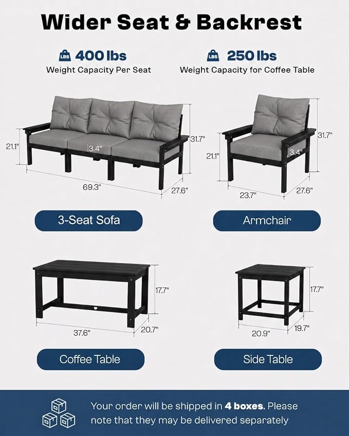 3 Piece HDPE Outdoor Patio Furniture Set, All-Weather 2 Armchairs with Side Table, Patio Conversation Set with Grey Washable Thick Cushion for Balcony,Porch(Black Frame)
