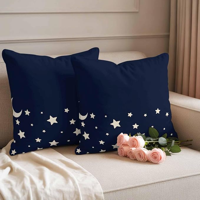 Stars Moon Waterproof Outdoor Pillow Covers Set of 2 Home Decor, Starry Night Navy Blue Pillowcase Patio Pillow Covers for Couch Bench Patio Furniture Garden 16x16in