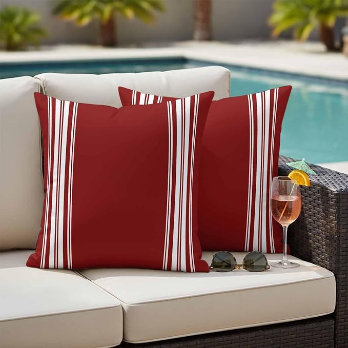 Outdoor Pillow Covers 20x20 Set of 2 Burgundy Red Stripe Outdoor Pillows Waterproof Throw Pillow Covers French Stripe Farmhouse Style Pillowcases Decorative Case for Patio Cushion