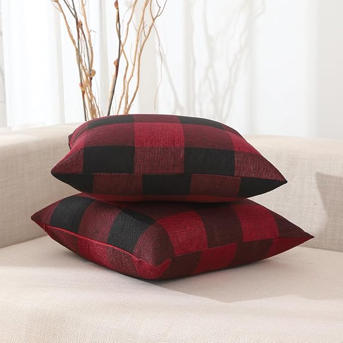 CARRIE HOME Red and Black Christmas Checkered Throw Pillow Covers 16x16 Set of 2 Outdoor Christmas Farmhouse Decor Pillows 16 x 16 for Patio Deck and Couch Sofa (No Pillow Inserts)