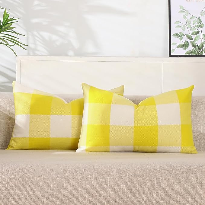 CARRIE HOME Yellow Plaid Summer Outdoor Lumbar Pillow Covers 12x20 Set of 2, Bright Lemon Yellow Buffalo Check Plaid Lumbar Pillows, Porch Decorative Pillows for Patio Furniture (No Pillow Insert)
