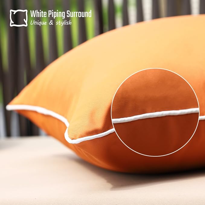 JOJOGOGO Burnt Orange Outdoor Lumbar Pillow Covers 12x20 Waterproof Set of 2, Orange Fall Outdoor Sunproof Pillows Porch Decor Pillows 12 x 20 for Patio Furniture and Couch (with White Piping)