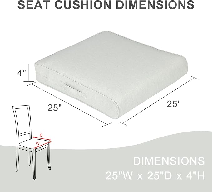Aoodor Patio Chair Cushions Set of 4, 25 x 25 x 4 Inch Water Resistant Outdoor Seat Cushions with Handle and Ties, Square Corner Cushions for Patio Furniture Garden Lawn, Grey