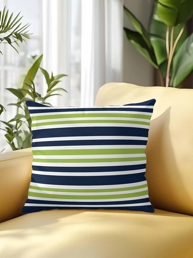 Outdoor Waterproof Throw Pillows Navy Blue Green Stripe Patio Pillows,Decorative Pillow Covers with Insert,Pillow Cushion Case for Garden Couch Sofa White Line