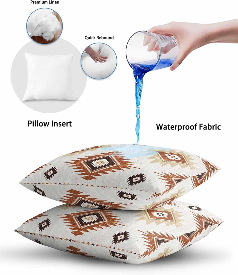 Waterproof Outdoor Pillow 1 Pack Orange Boho Aztec Decorative Throw Pillows Cover & Insert 18x18 Inch Pillowcase Southwest Tribal Style Square Pillows for Couch Sofa Bed Patio Furniture Indoor Outdoor