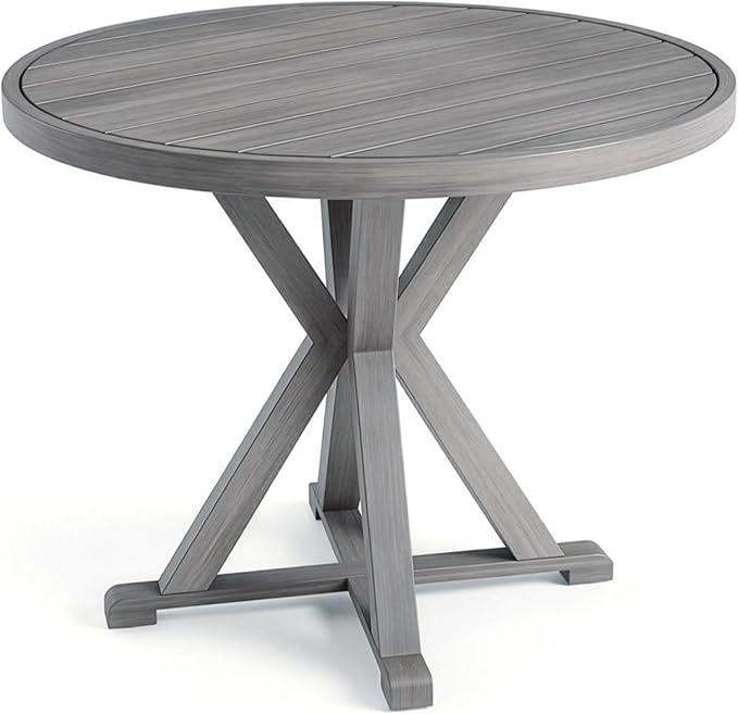 Martha Stewart Bedford 36" Round Indoor-Outdoor Aluminum Patio Dining Table with Trestle Base, Accommodates up to 4 Adults, Brushed Gray Woodgrain Finish