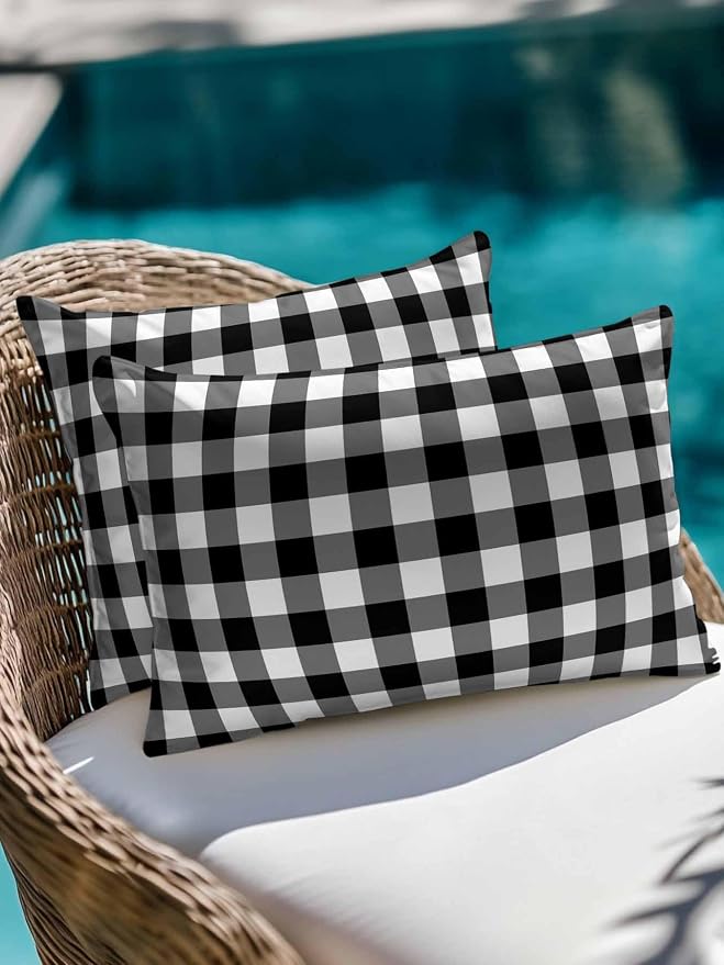 Waterproof Outdoor Pillow 1 Pack Black Buffalo Plaid Decorative Throw Pillows Cover & Insert 20x12 Inch Lumbar Pillowcase Check Lines Pillows for Couch Sofa Bed Patio Furniture Indoor Outdoor