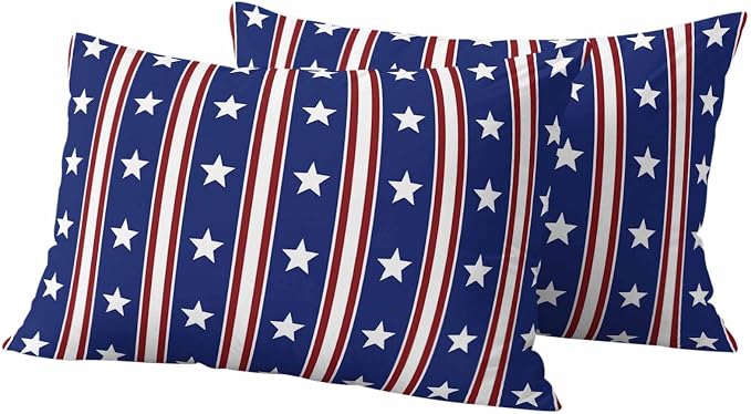 Blue Red Outdoor Pillow Covers 20"x12" Set of 2, Waterproof Throw Pillow Covers for Patio Furniture, Stripes Patirotic Star Independence Day Decorative Cushion Covers for Porch
