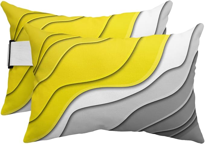 Geometric Ombre Lounge Pillows Outdoor, Aesthetic Yellow Grey White Gradient Abstract Head Pillows, Modern Waterproof Patio Furniture Lumbar Pillows with Adjustable Elastic Strap for Recliner Beach