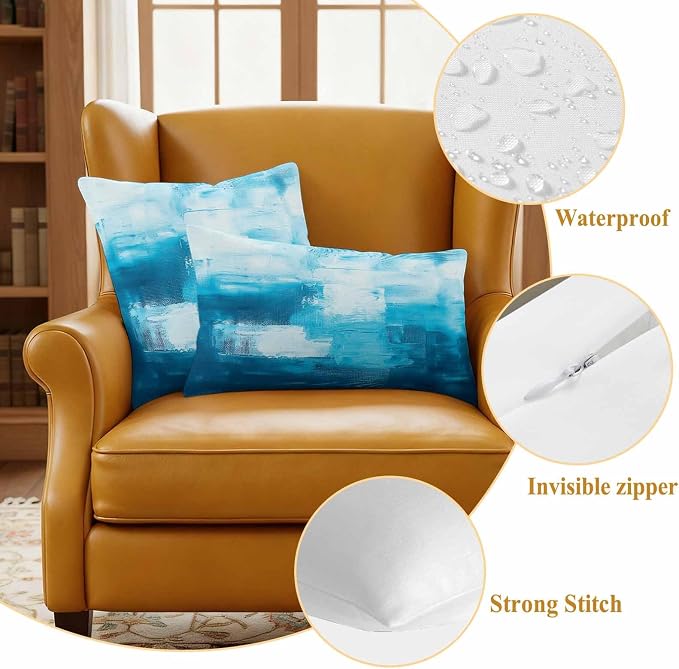 Blue Outdoor Waterproof Throw Pillow Covers Set of 2, 18"x18", Abstract Oil Painting Decorative Pillow Covers Outside Cushion Case for Patio Porch Garden