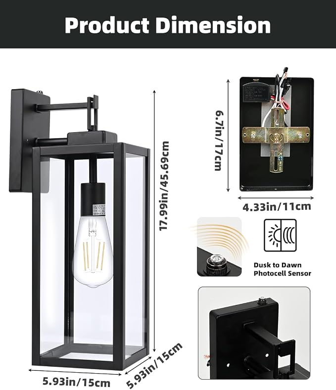 2 Pack Large Size Outdoor Wall Lights Dusk to Dawn, 18 Inch Wall Lantern Set for Two Photocell Wall Sconce for Porch Light, Exterior Garage Light, Patio Outdoor Lighting with Sensor