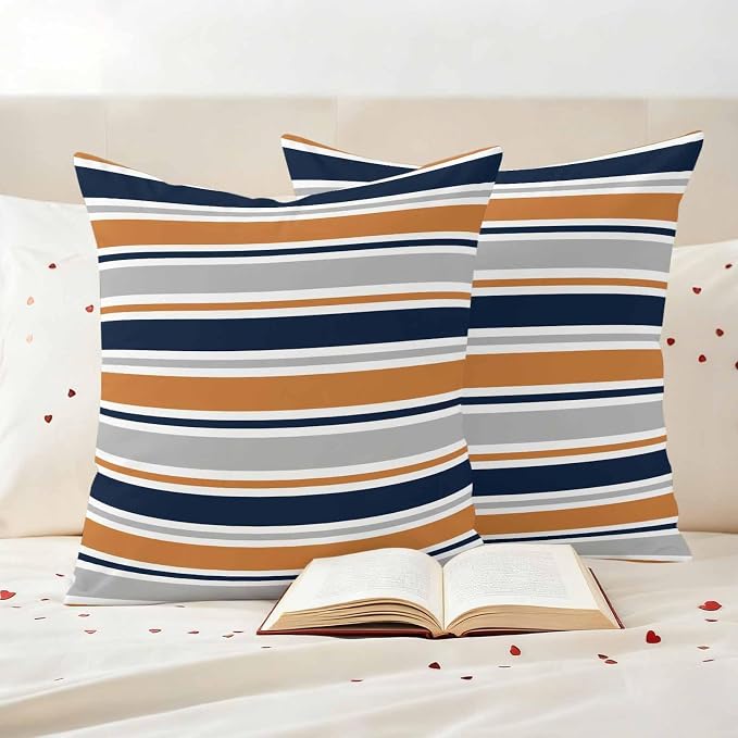 Outdoor Pillow Covers 26 x 26 Inches, Orange Grey Striped Waterproof Throw Pillow Cover Set of 2, Farmhouse Stripes Modern Abstract Art Decorative Square Cushion Covers for Patio/Couch/Garden