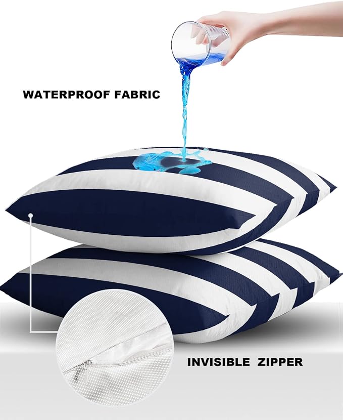 Outdoor Pillows Navy Blue White Stripes Waterproof Outdoor Pillow Covers Geometric Simple Summer Polyester Throw Pillow Covers Garden Cushion Decorative Case for Patio Couch Decoration Set of 2