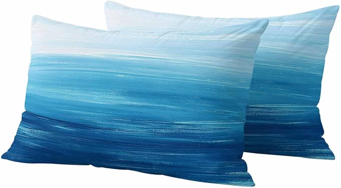 Outdoor Waterproof Throw Pillow Covers, Sky Blue Coastal Decorative Pillow Cases, Nautical Modern Ocean Wave Couch Pillow Protector Patio Sofa Cushion Covers Replacement 20"x12" 2 Pack