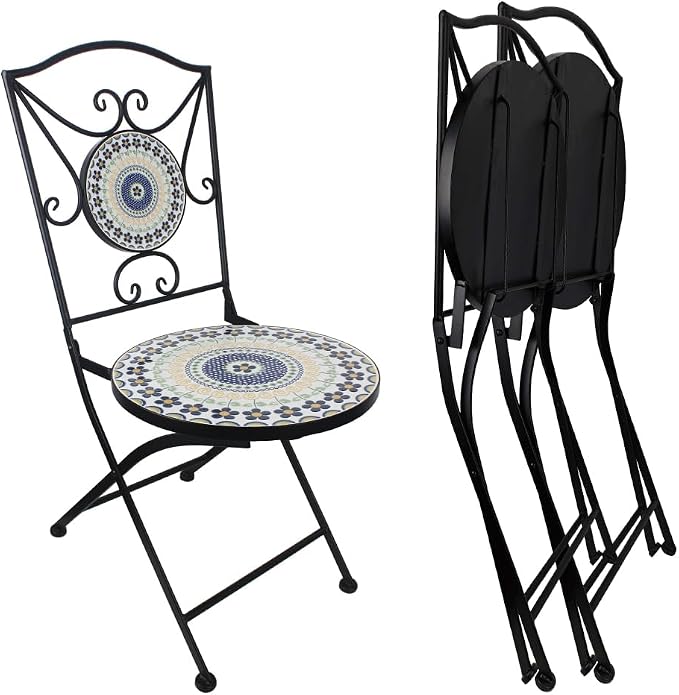 Folding Patio Chairs Set of 2 Mosaic Bistro Chair Outdoor Seating | Garden Patio Furniture Seating Heavy Duty Metal Frame Dining Chairs for Lawn Yard Balcony Porch Backyard Poolside
