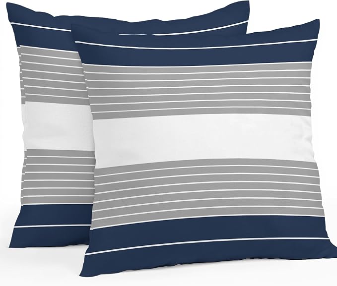 Navy Blue Grey Stripe Outdoor Pillow Covers Waterproof, All Weather Cushion Case Set of 2, Modern Art Horizontal Striped Decorative Pillowcases for Sofa Couch Bed Decor Patio Furniture 16"x16"