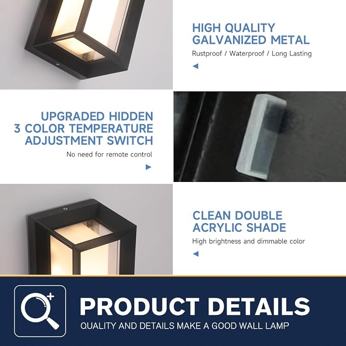 2-Pack 24W LED Outdoor Wall Lights,Exterior/Interior 3-Color Adjustable Sconces Lights, IP65 Waterproof 2100LM, Modern Wall Mount Lighting Fixtures, Aluminum Wall Lights,Compatible with Dimmers