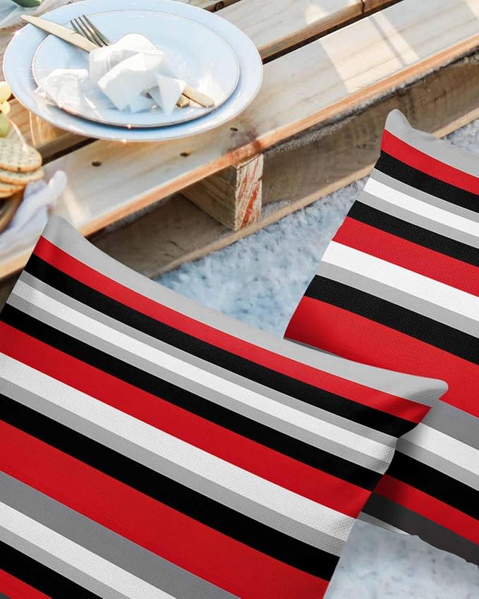 Pack of 2 Red Black Grey Stripes Outdoor Pillow Waterproof Covers 24x24 inch, Geometric Mexican Style Polyester Throw Pillow Covers Garden Cushion Decorative Case for Patio Couch Decoration