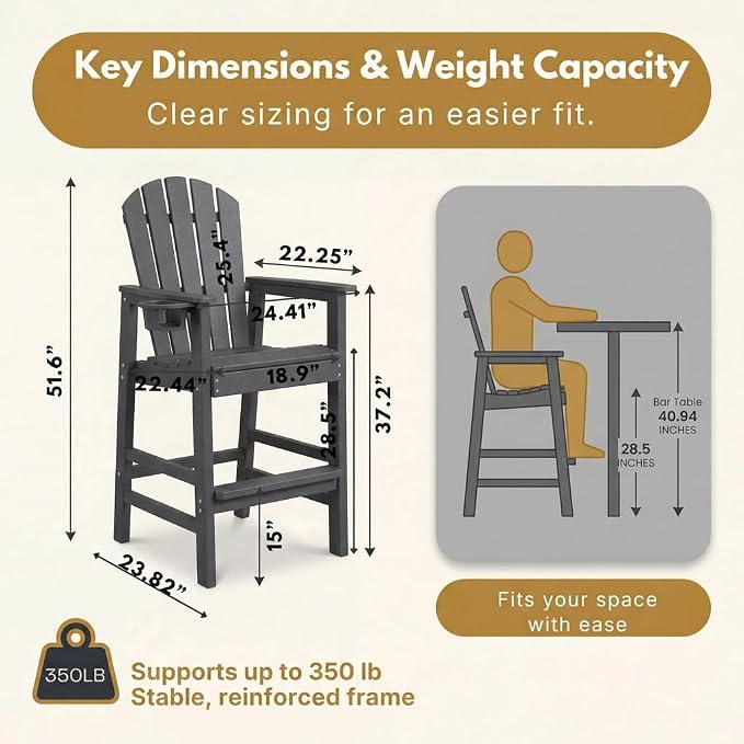 WILLIAMSPACE Patio Bar Chair Bar Stool, Outdoor All Weather HDPE Height Adirondack Chair with Armrests & Cup Holder, 1-Piece Counter Height Chair for Pool, Garden, Kitchen, ONLY 1 Chair (Grey)