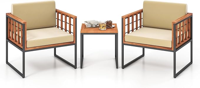HAPPYGRILL 3 Pieces Wood Patio Furniture Set, Acacia Wood Conversation Set with 2 Cushioned Chairs, Outdoor Patio Bistro Set for Porch, Balcony, Garden, Backyard