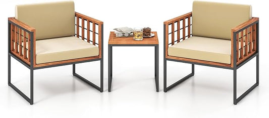 HAPPYGRILL 3 Pieces Wood Patio Furniture Set, Acacia Wood Conversation Set with 2 Cushioned Chairs, Outdoor Patio Bistro Set for Porch, Balcony, Garden, Backyard