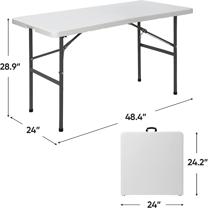 ZENY 4ft Portable Folding Table Plastic Indoor Outdoor Picnic Party Camp Dining Table with Handle, White