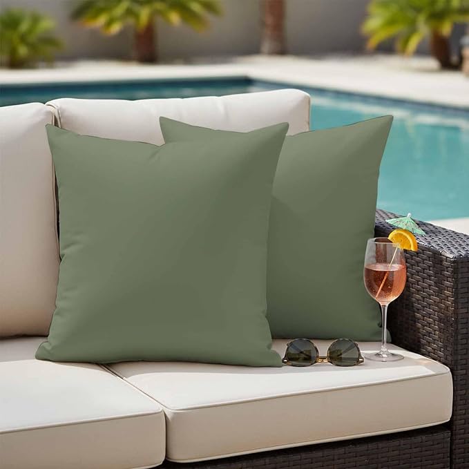 Outdoor Pillow Covers 18 x 18 Inches, Green Solid Color Waterproof Throw Pillow Cover Set of 2, Aesthetics Contemporary Luxury Decorative Square Cushion Covers for Patio/Couch/Garden