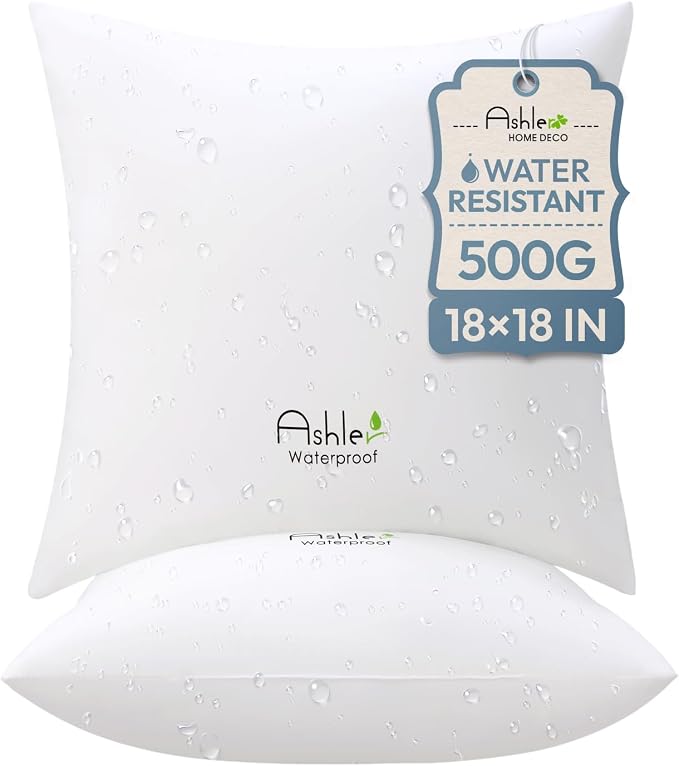Ashler Outdoor Pillows 18 X 18 Pack of 2, Water-Resistant Pillow Inserts | Waterproof, Hypoallergenic, Premium Square Pillow Stuffer Sham, Decorative for Sofa Couch Porch Patio