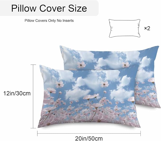 Vandarllin Outdoor Throw Pillows Covers 20x12 inch Set of 2 Waterproof Blue Sky Cloud Decorative Zippered Cushion Covers for Patio Furniture, Pink Flower Lumbar Pillowcases