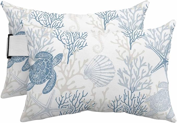 Lumbar Pillow Covers Set of 2, Blue Grey Coastal Waterproof Outdoor Chaise Lounge Pillow Covers with Elastic Strap, Sea Turtle Nautical Coral Summer Beach Headrest Pillowcase for Patio, 11 x 16