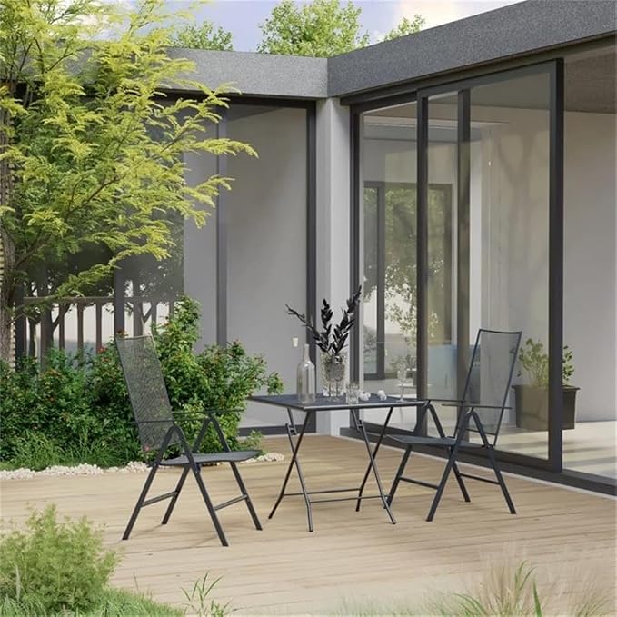 BOWERY HILL 3-Piece Steel Square Patio Dining Set, Anthracite Gray, Powder-Coated Finish, Weather Resistant, Foldable Space-Saving Design, Adjustable Backrest, Indoor/Outdoor Dining Room Furniture