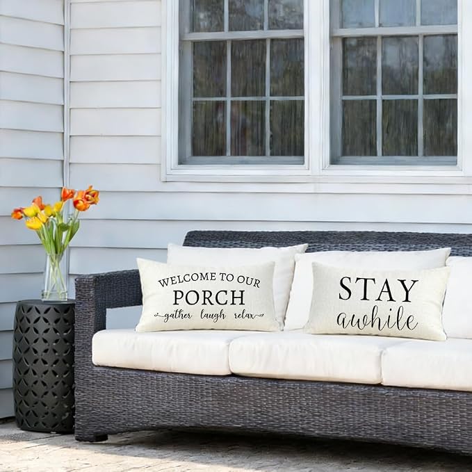 RABUSOFA Welcome to Our Porch Decor Outdoor Pillow Covers Waterproof,12x20 Set of 2 Cream Stay Awhile Relax Lumbar Cushion Case Decorations for Patio Couch (Cream)