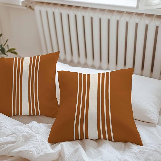 Throw Pillow Covers 18x18 Inch Set of 2, Burnt Orange Beige Striped Waterproof Outdoor Cushion Covers, Modern Farmhouse Retro Lines Decorative Pillowcases for Couch, Sofa, Bed, Garden, Patio