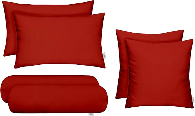 RSH DECOR Set of 6 Outdoor Pillow, Outdoor Pillows for Patio, Pillows w/Polyester Pillow Cases | Water & Fade Resistant Fabric | 17" Square, 20x12 Lumbar, 20x6 Neck Roll - Heritage Red