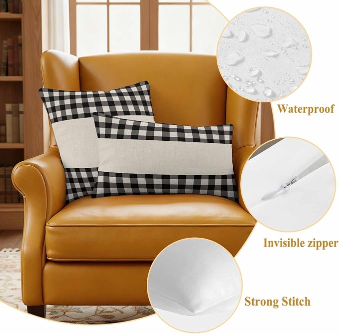 Retro Black Outdoor Waterproof Pillow Covers, Farmhouse Buffalo Plaid Vintage Beige Decorative Square Throw Pillowcase Sofa Cushion Sham for Patio/Couch/Chair, 24"x24" 2 Pack