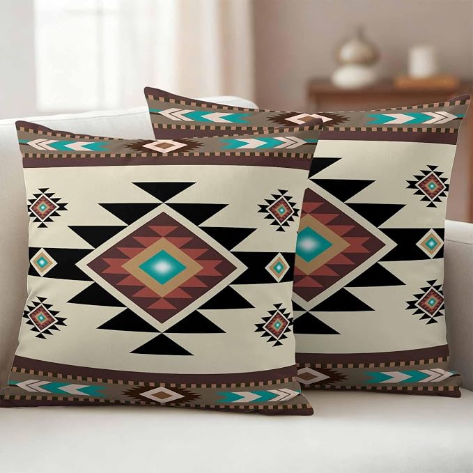 Southwest Geometric Waterproof Outdoor Pillow Covers 18''x18'' Set of 2, Brown Mexican Aztec Boho Tribal Patio Furniture Cushion Covers for Chairs, Decorative Pillow Cases for Garden/Pool/Beach