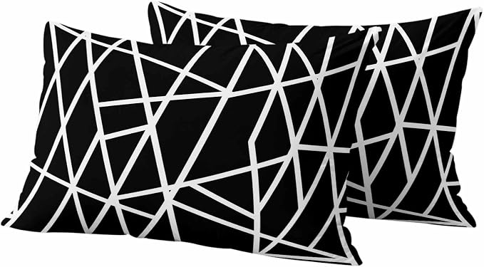 Outdoor Pillow Covers Waterproof, Black Geometric Decorative Rectangle Throw Pillowcases Patio Cushion Covers for Tent/Garden, 20" x 12" 2 Pack, Abstract Stripes Modern Simple