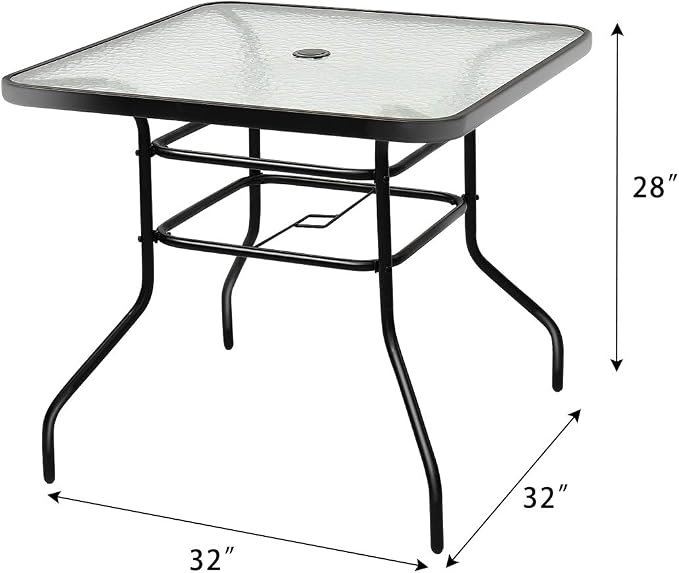 Tangkula 32" Square Outdoor Dining Table with Tempered Glass Top, Outside Bistro Table with 2" Umbrella Hole & Metal Frame, Patio Dining Table for Backyard, Lawn, Deck & Poolside