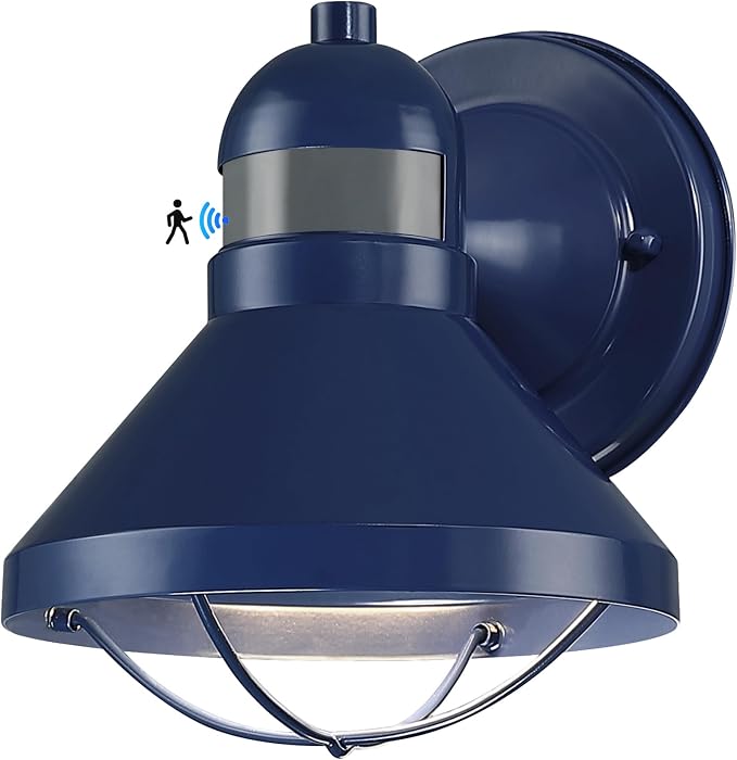 Motion Sensor Outdoor LED Wall Sconce Dusk to Dawn Exterior Barn Lighting | Blue Outside Porch Light Fixture Waterproof Farmhouse Wall Mount Lamp for House Garage Entryway
