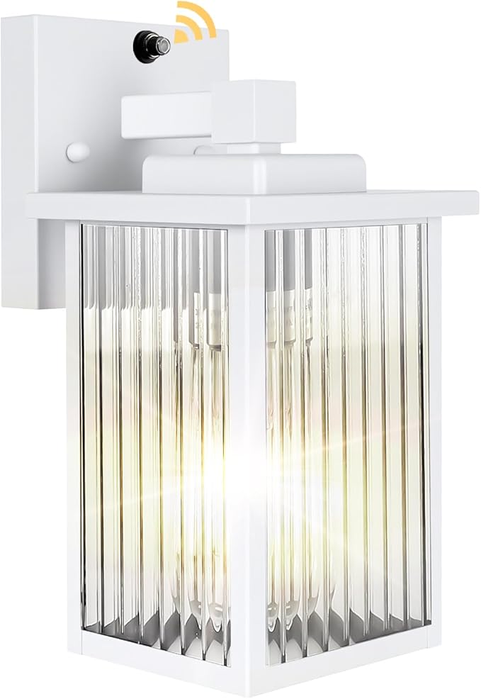 White Dusk to Dawn Wall Mount Porch Lights, Exterior Light Fixtures | Auto On and Off, Anti-Rust Metal Frame, Tempered Glass, E26 Socket, Easy DIY Install on Porch, Garage
